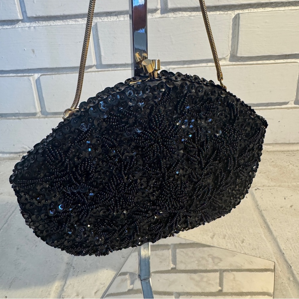 Vintage Black Beaded Purse Crown Colony Beaded Purse - Picture 2 of 11